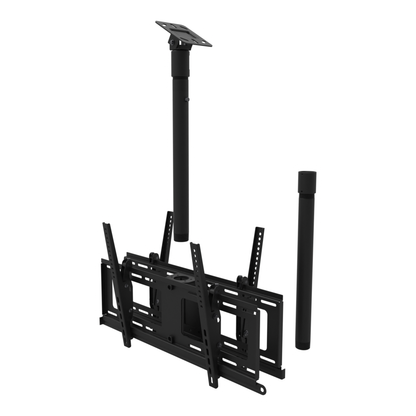Back to back TV ceiling mount for four screens, angled plate for a sloped ceiling, 37 to 53 inch drop, shown apart with 20 inch pipe.