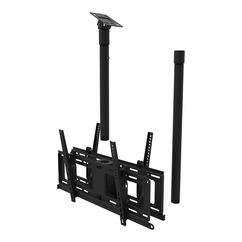 Back to back TV ceiling mount for four screens, angled plate for a sloped ceiling, 47 to 63 inch drop, shown apart with 30 inch pipe.
