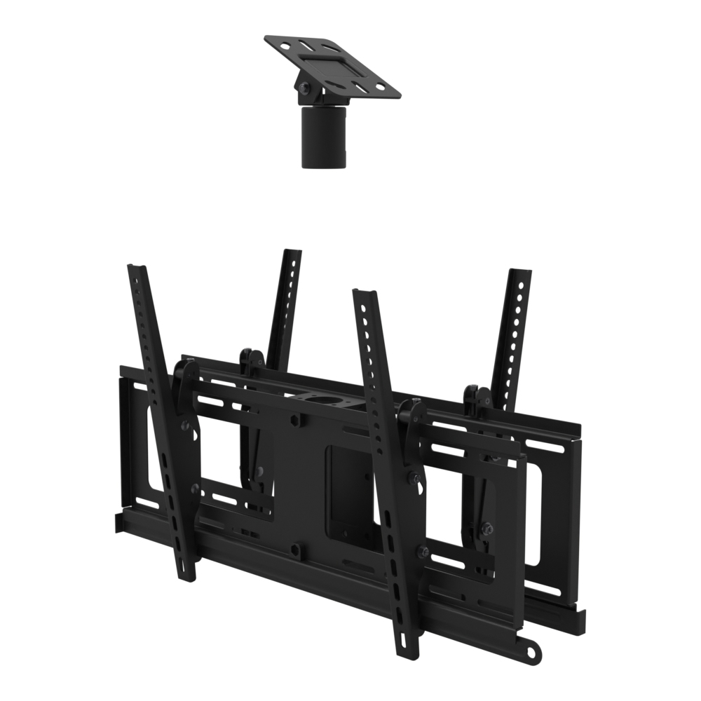 Back to back TV ceiling mount for four screens, angled plate for a sloped ceiling and two tilting heads, supplied without a mast.