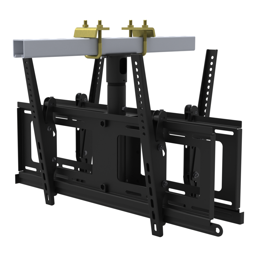 Back to back TV ceiling mount for four screens, yellow zinc beam clamps on a strut channel, 9 to 17 inch drop, with extension.