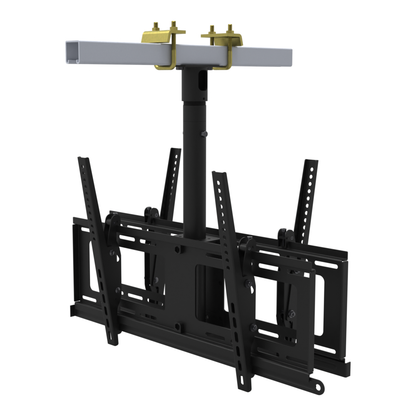 Back to back TV ceiling mount for four screens, yellow zinc beam clamps on a strut channel, 17 to 33 inch drop, with extension.