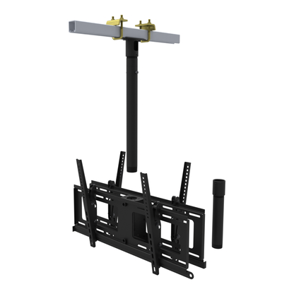 Back to back TV ceiling mount for four screens, yellow zinc beam clamps on a strut channel, 17 to 43 inch drop, pipe shown apart.