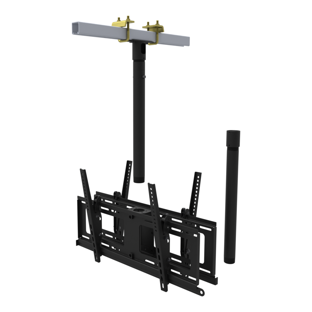 Back to back TV ceiling mount for four screens, yellow zinc beam clamps on a strut channel, 37 to 53 inch drop, pipe shown apart.