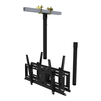 Back to back TV ceiling mount for four screens, yellow zinc beam clamps on a strut channel, 37 to 53 inch drop, pipe shown apart.
