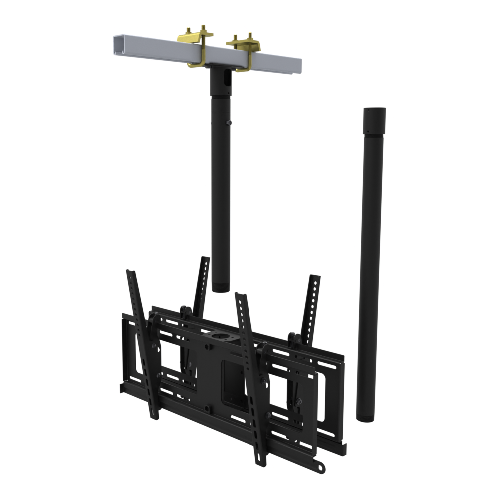 Back to back TV ceiling mount for four screens, yellow zinc beam clamps on a strut channel, 47 to 63 inch drop, pipe shown apart.