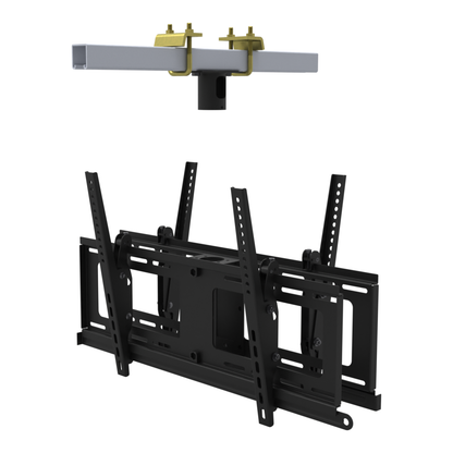 Back to back TV ceiling mount for four screens, yellow zinc beam clamps on a strut channel, supplied without a mast.