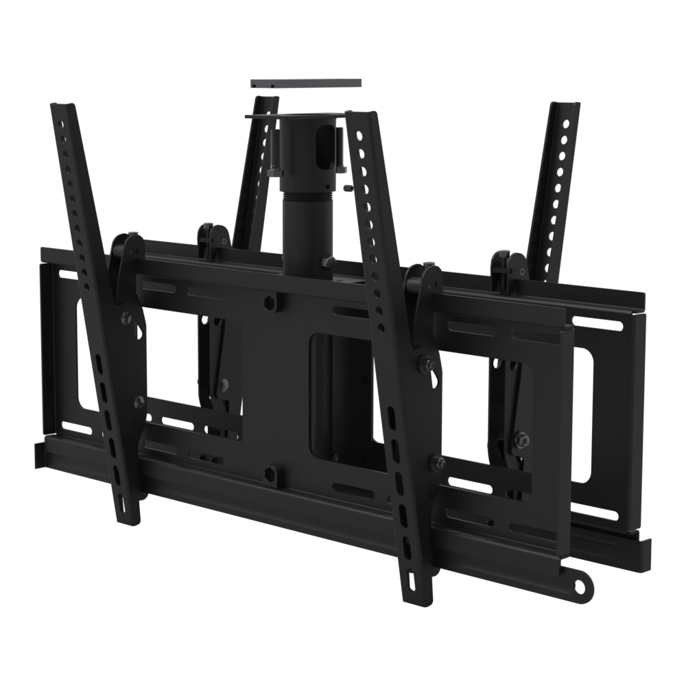 Back to back TV ceiling mount for four screens, unistrut adapter plate, 9 to 17 inch adjustable drop, with telescoping extension.