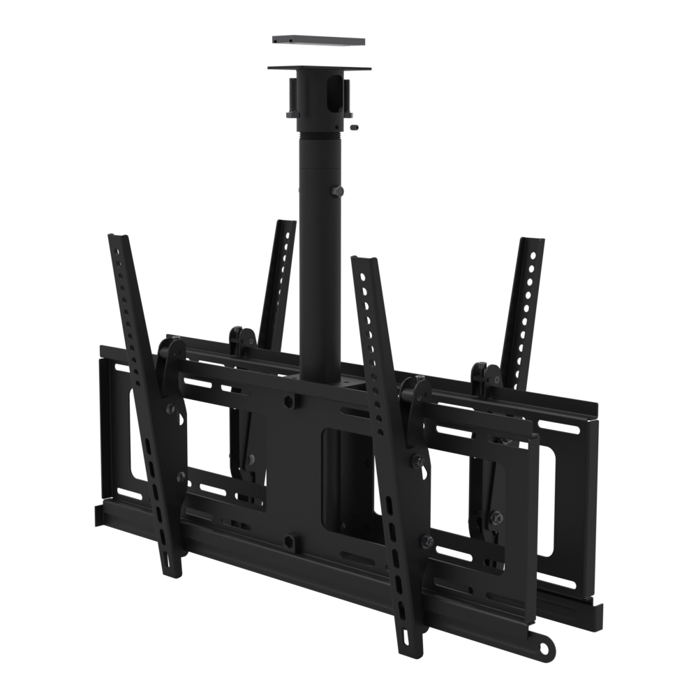 Back to back TV ceiling mount for four screens, unistrut adapter plate, 17 to 33 inch adjustable drop, with telescoping extension.