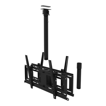 Back to back TV ceiling mount for four screens, unistrut adapter plate, 17 to 43 inch drop, shown apart with coupler and 10 inch pipe.