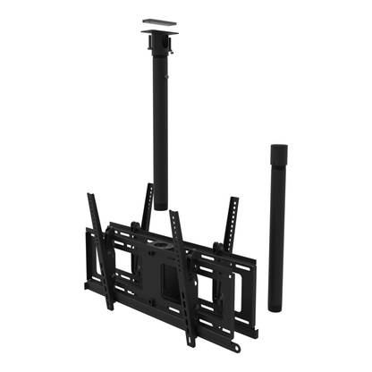 Back to back TV ceiling mount for four screens, unistrut adapter plate, 37 to 53 inch drop, shown apart with coupler and 20 inch pipe.