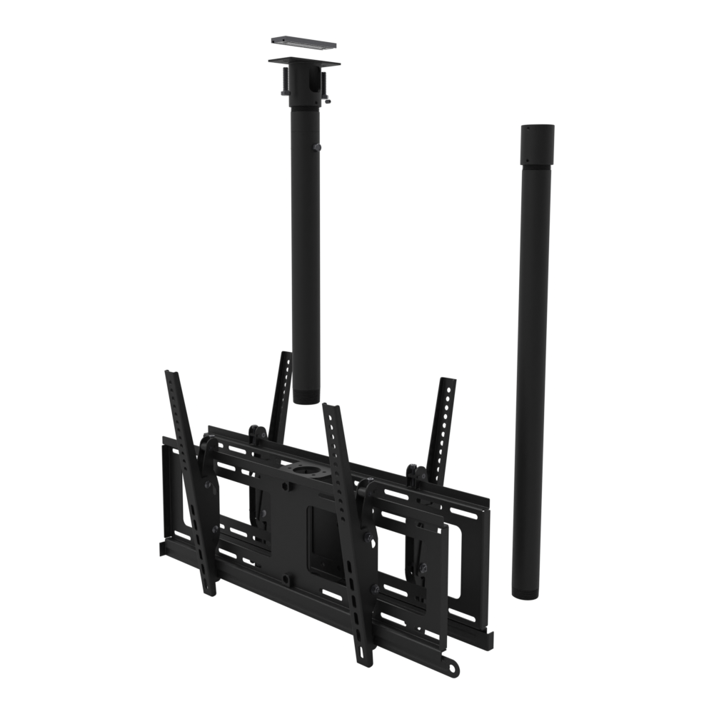 Back to back TV ceiling mount for four screens, unistrut adapter plate, 47 to 63 inch drop, shown apart with coupler and 30 inch pipe.