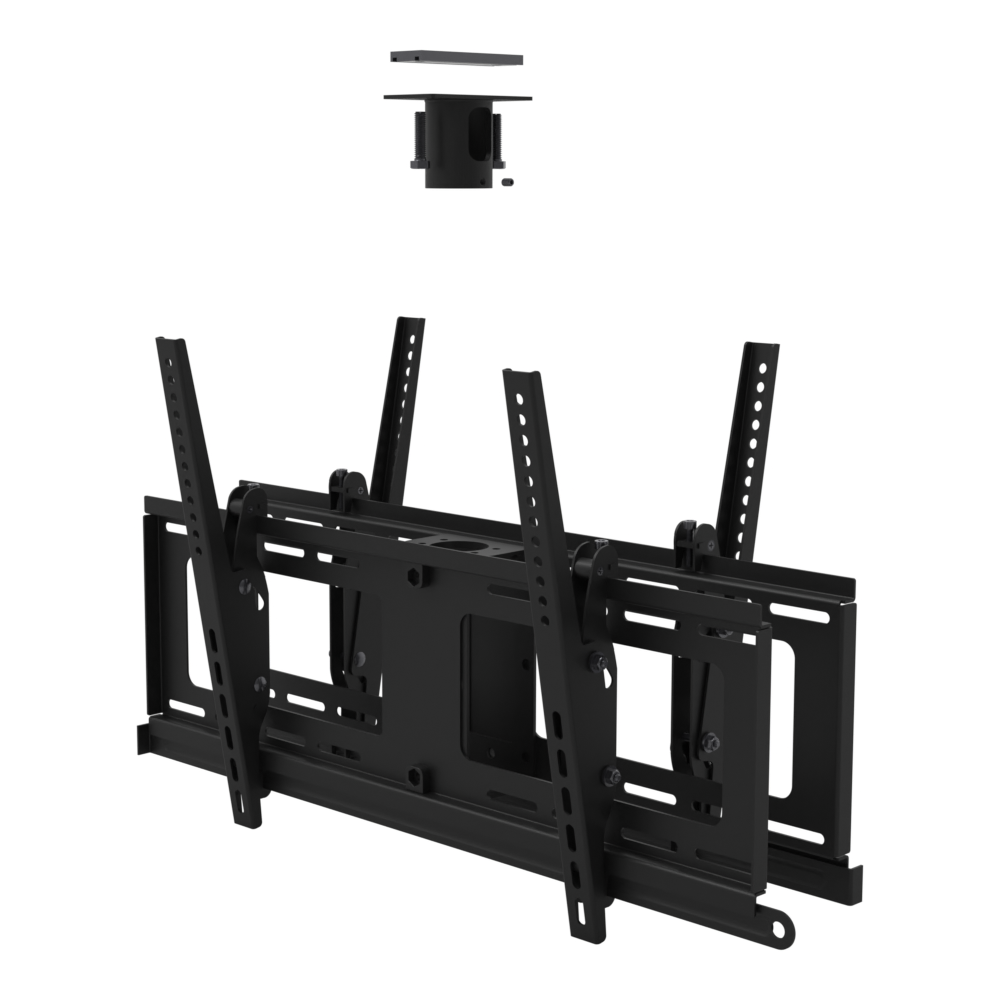 Back to back TV ceiling mount for four screens, unistrut adapter plate and two tilting twin-rail heads, supplied without a mast.