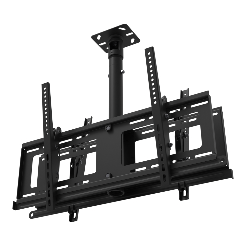 33CE028 back-to-back TV ceiling mount seen from below, showing the rail faces of both heads and the tilt mechanism around the mast.