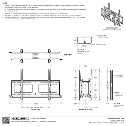 33CE028HEAD back to back TV ceiling mount head dimensioned drawing: 1-1/2 (1.5) inch NPT pipe collar, TV rails adjust 50 to 700 mm each side, 30.000 inches wide