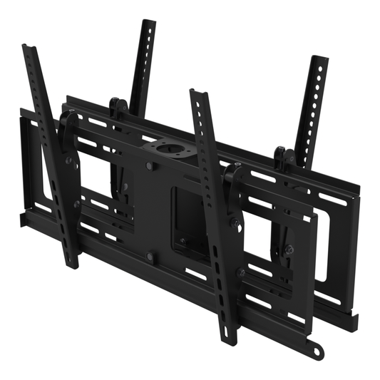 Two tilting twin-rail TV heads mounted back to back on one pipe adapter, sold as a four-screen head assembly with no mast or ceiling plate.