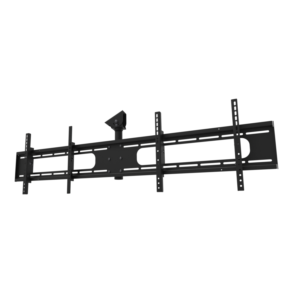 Double wide two screen TV ceiling mount for 32 to 55 inch screens, angled ceiling adapter shown tilted to a sloped ceiling, 10 to 18 inch adjustable drop, with telescoping extension.