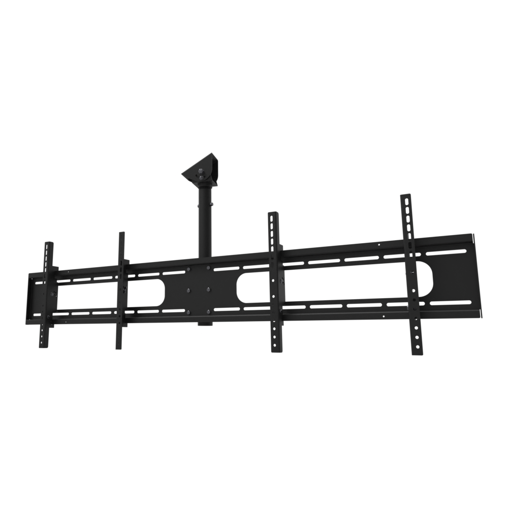 Double wide two screen TV ceiling mount for 32 to 55 inch screens, angled ceiling adapter shown tilted to a sloped ceiling, 18 to 34 inch adjustable drop, with telescoping extension.
