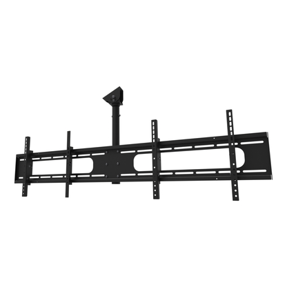 Double wide two screen TV ceiling mount for 32 to 55 inch screens, angled ceiling adapter shown tilted to a sloped ceiling, 18 to 34 inch adjustable drop, with telescoping extension.