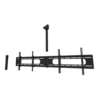 Double wide two screen TV ceiling mount for 32 to 55 inch screens, angled ceiling adapter shown tilted to a sloped ceiling, 18 to 44 inch drop, shown apart with coupler and a 10 inch pipe.