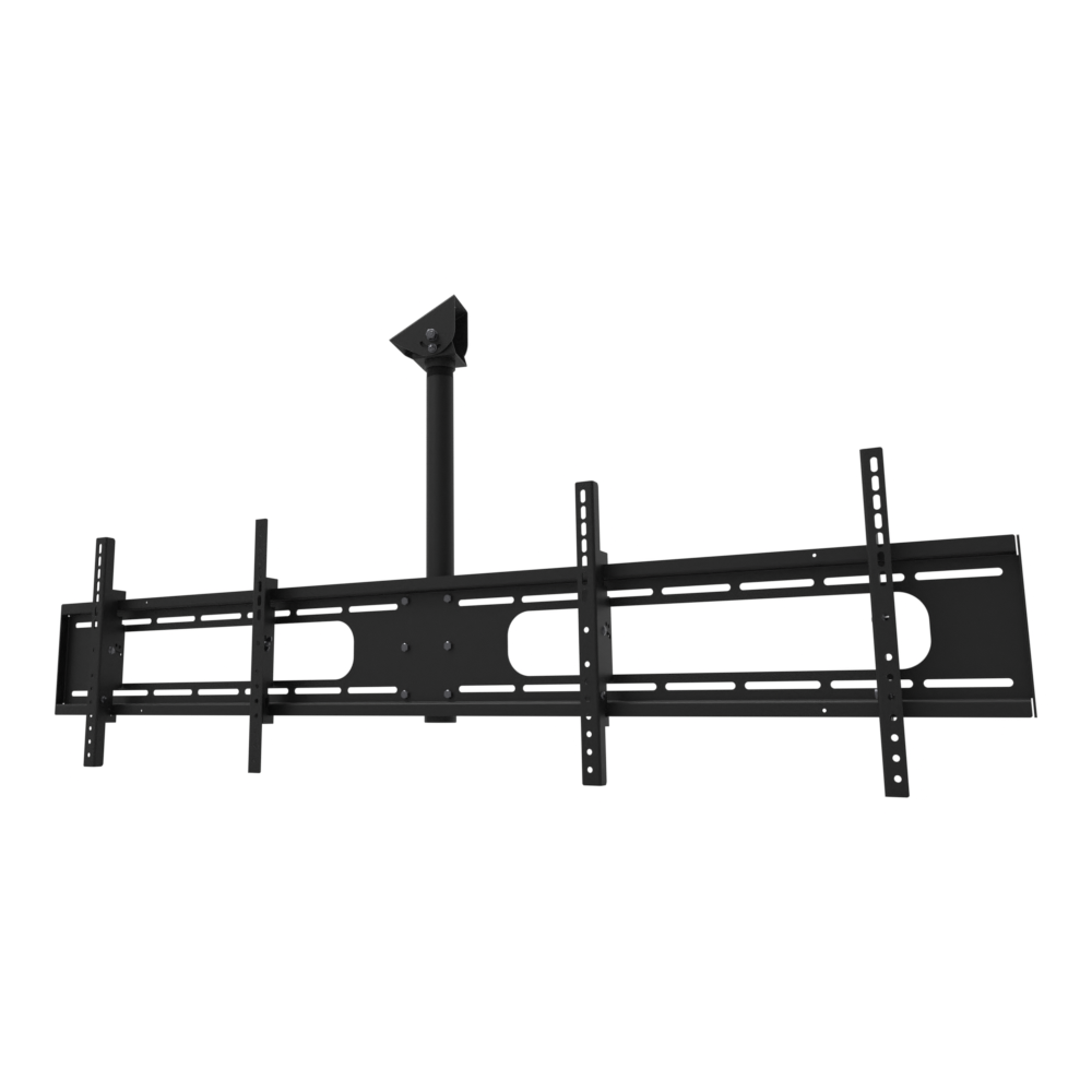 Double wide two screen TV ceiling mount for 32 to 55 inch screens, angled ceiling adapter shown tilted to a sloped ceiling, 22 inch fixed drop on one 24 inch NPT pipe.