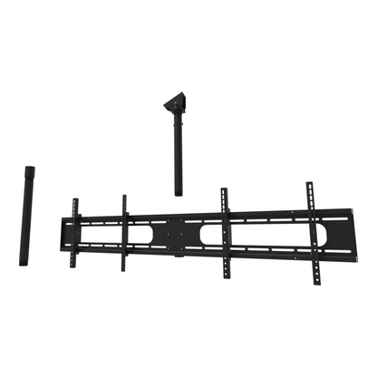 Double wide two screen TV ceiling mount for 32 to 55 inch screens, angled ceiling adapter shown tilted to a sloped ceiling, 38 to 54 inch drop, shown apart with coupler and a 20 inch pipe.