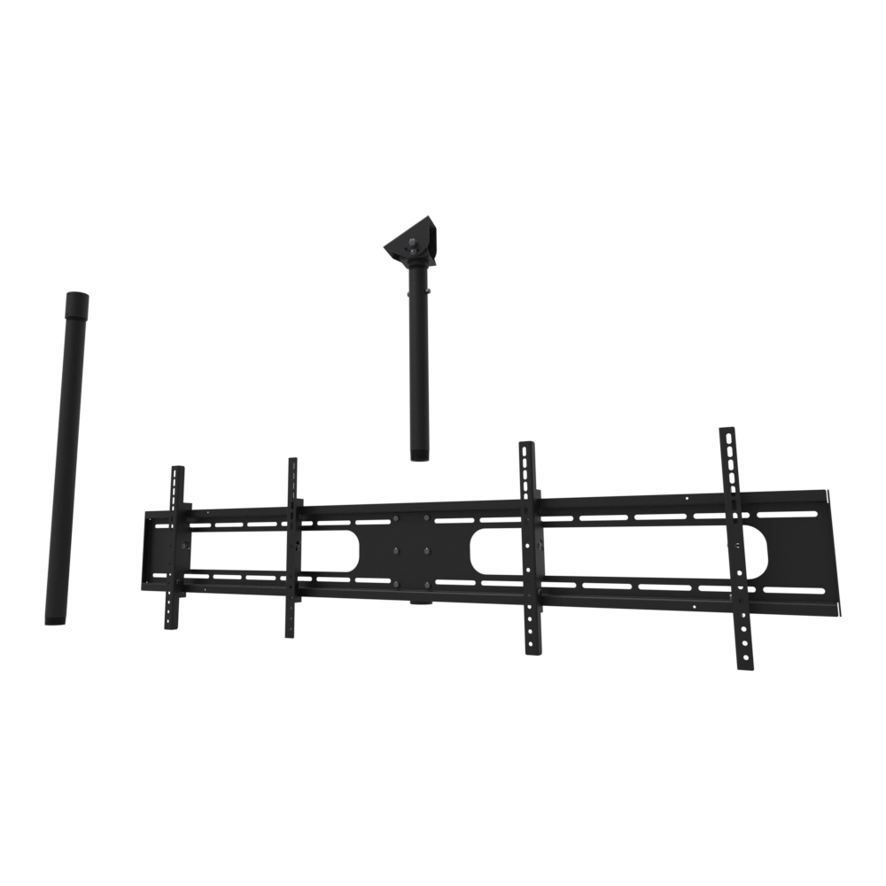 Double wide two screen TV ceiling mount for 32 to 55 inch screens, angled ceiling adapter shown tilted to a sloped ceiling, 48 to 64 inch drop, shown apart with coupler and a 30 inch pipe.
