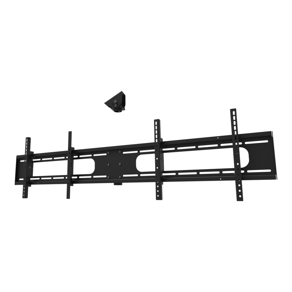 Double wide two screen TV ceiling mount for 32 to 55 inch screens, angled ceiling adapter shown tilted to a sloped ceiling and double-wide head, supplied without a mast.