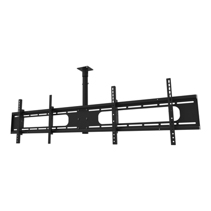 Double wide two screen TV ceiling mount for 32 to 55 inch screens, flat ceiling plate, 18 to 34 inch adjustable drop, with telescoping extension.