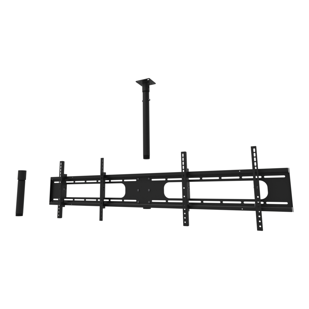 Double wide two screen TV ceiling mount for 32 to 55 inch screens, flat ceiling plate, 18 to 44 inch drop, shown apart with coupler and a 10 inch pipe.