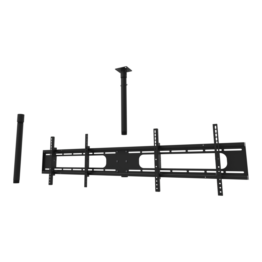 Double wide two screen TV ceiling mount for 32 to 55 inch screens, flat ceiling plate, 38 to 54 inch drop, shown apart with coupler and a 20 inch pipe.