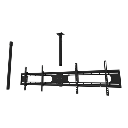 Double wide two screen TV ceiling mount for 32 to 55 inch screens, flat ceiling plate, 48 to 64 inch drop, shown apart with coupler and a 30 inch pipe.