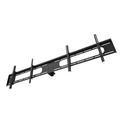 33DW004 double-wide TV ceiling mount head seen from below, the installed angle, showing the tilt rails and the pipe adapter.