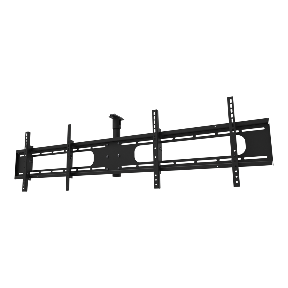Double wide two screen TV ceiling mount for 32 to 55 inch screens, unistrut channel adapter plate, 10 to 18 inch adjustable drop, with telescoping extension.
