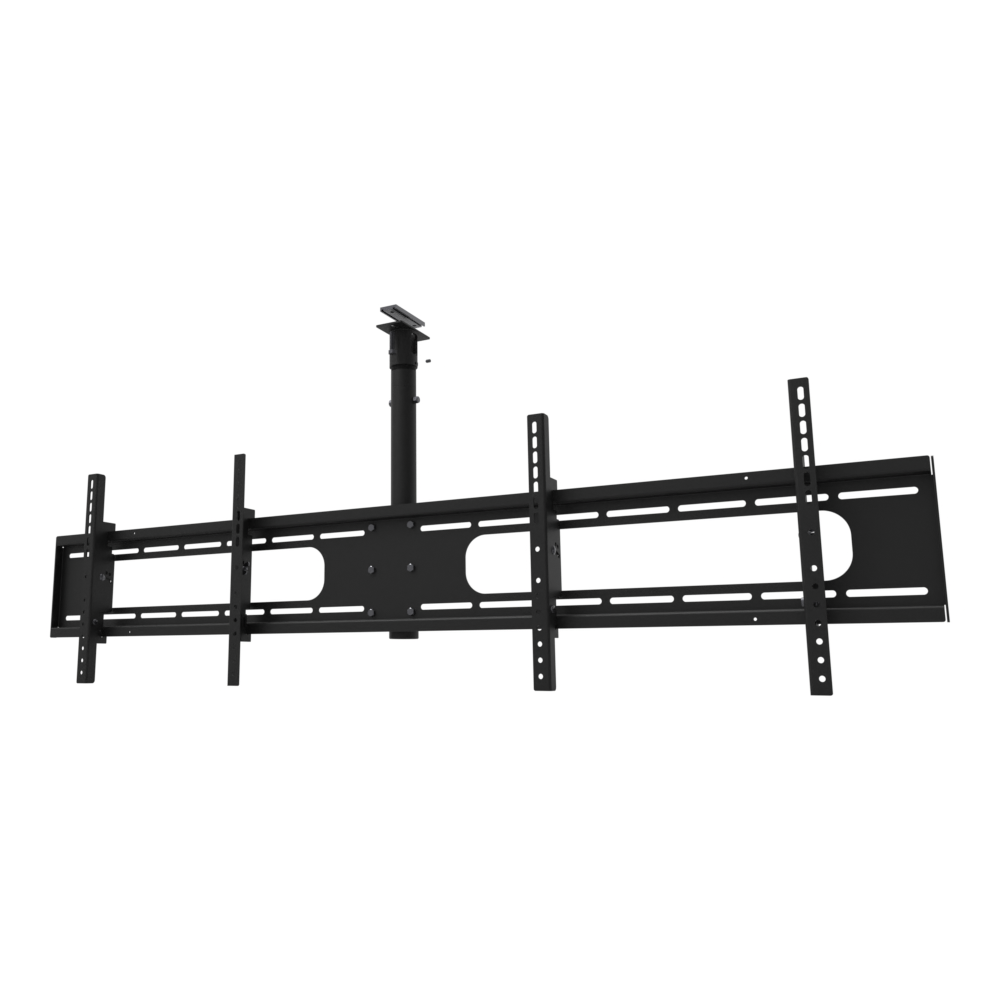 Double wide two screen TV ceiling mount for 32 to 55 inch screens, unistrut channel adapter plate, 18 to 34 inch adjustable drop, with telescoping extension.