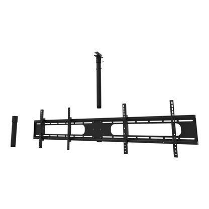Double wide two screen TV ceiling mount for 32 to 55 inch screens, unistrut channel adapter plate, 18 to 44 inch drop, shown apart with coupler and a 10 inch pipe.