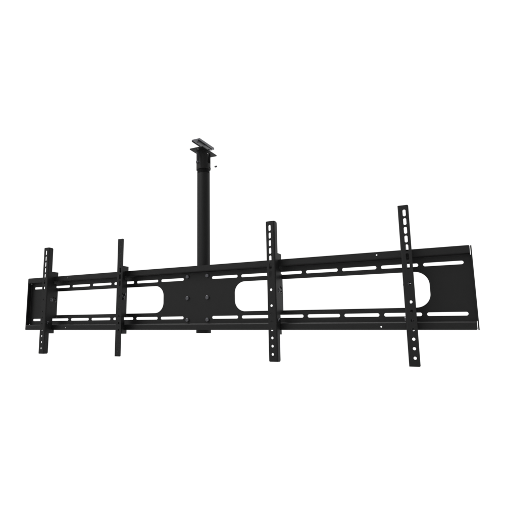 Double wide two screen TV ceiling mount for 32 to 55 inch screens, unistrut channel adapter plate, 22 inch fixed drop on one 24 inch NPT pipe.