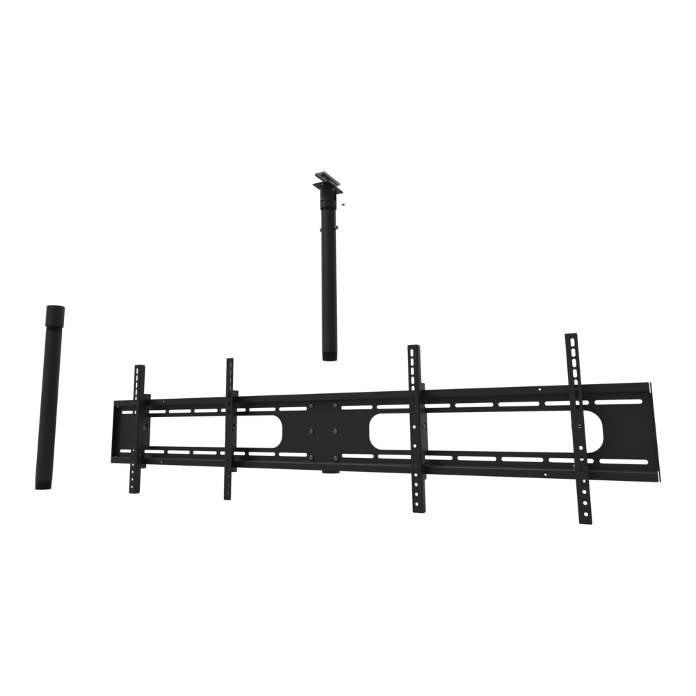Double wide two screen TV ceiling mount for 32 to 55 inch screens, unistrut channel adapter plate, 38 to 54 inch drop, shown apart with coupler and a 20 inch pipe.