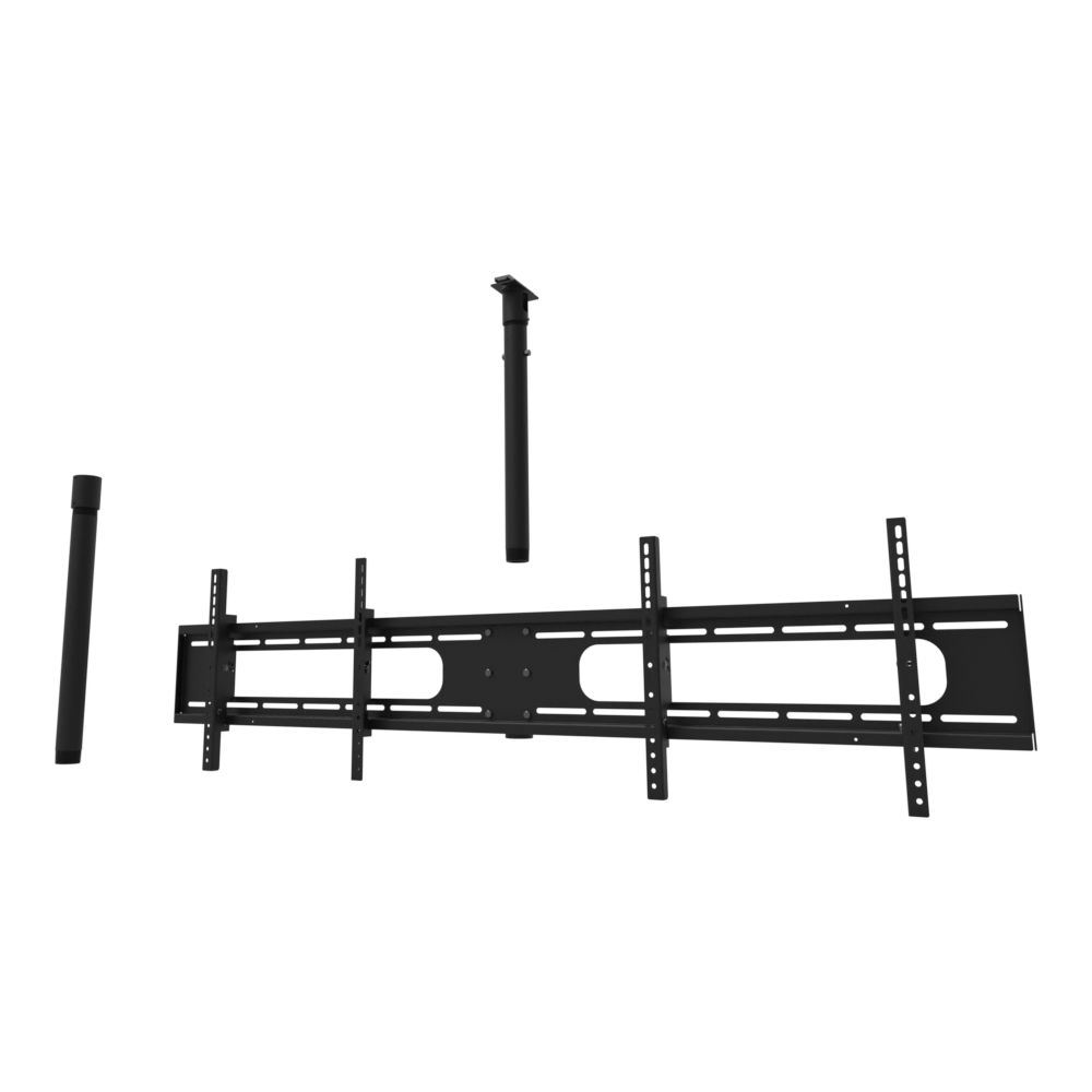 Double wide two screen TV ceiling mount for 32 to 55 inch screens, unistrut channel adapter plate, 38 to 54 inch drop, shown apart with coupler and a 20 inch pipe.
