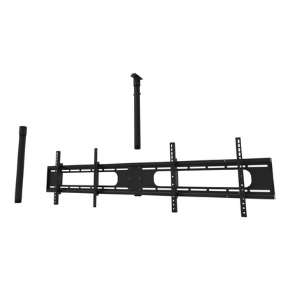 Double wide two screen TV ceiling mount for 32 to 55 inch screens, unistrut channel adapter plate, 38 to 54 inch drop, shown apart with coupler and a 20 inch pipe.