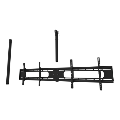 Double wide two screen TV ceiling mount for 32 to 55 inch screens, unistrut channel adapter plate, 48 to 64 inch drop, shown apart with coupler and a 30 inch pipe.