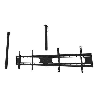 Double wide two screen TV ceiling mount for 32 to 55 inch screens, unistrut channel adapter plate, 48 to 64 inch drop, shown apart with coupler and a 30 inch pipe.