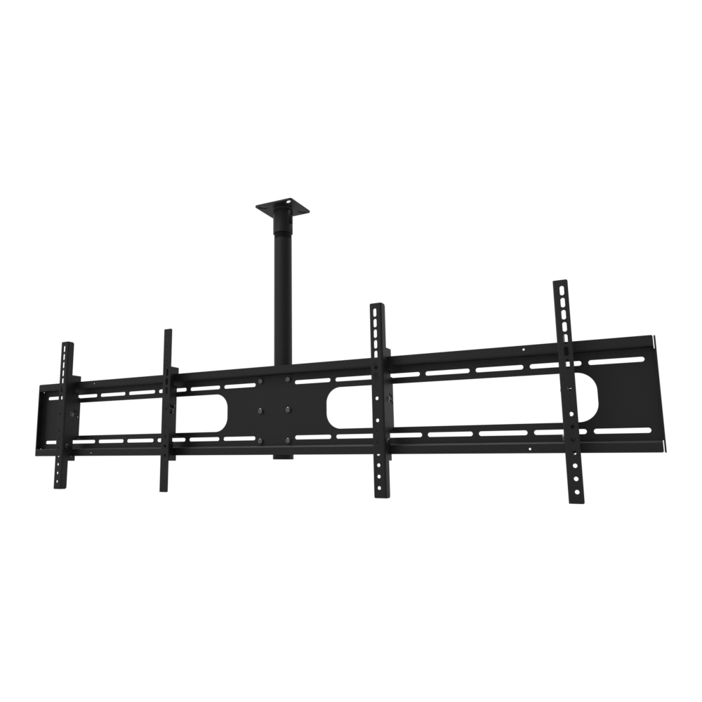 33DW004 double-wide TV ceiling mount, screen-side three-quarter view from just below eye level, showing the 68 in bar, four tilt rails and ceiling pipe.