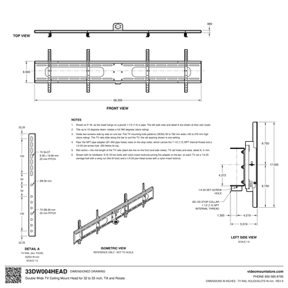 33DW004HEAD double wide TV ceiling mount head dimensioned drawing: two screens on one bar, 1-1/2 (1.5) inch NPT stop collar, VESA 55 to 760 mm, 68.359 inches wide