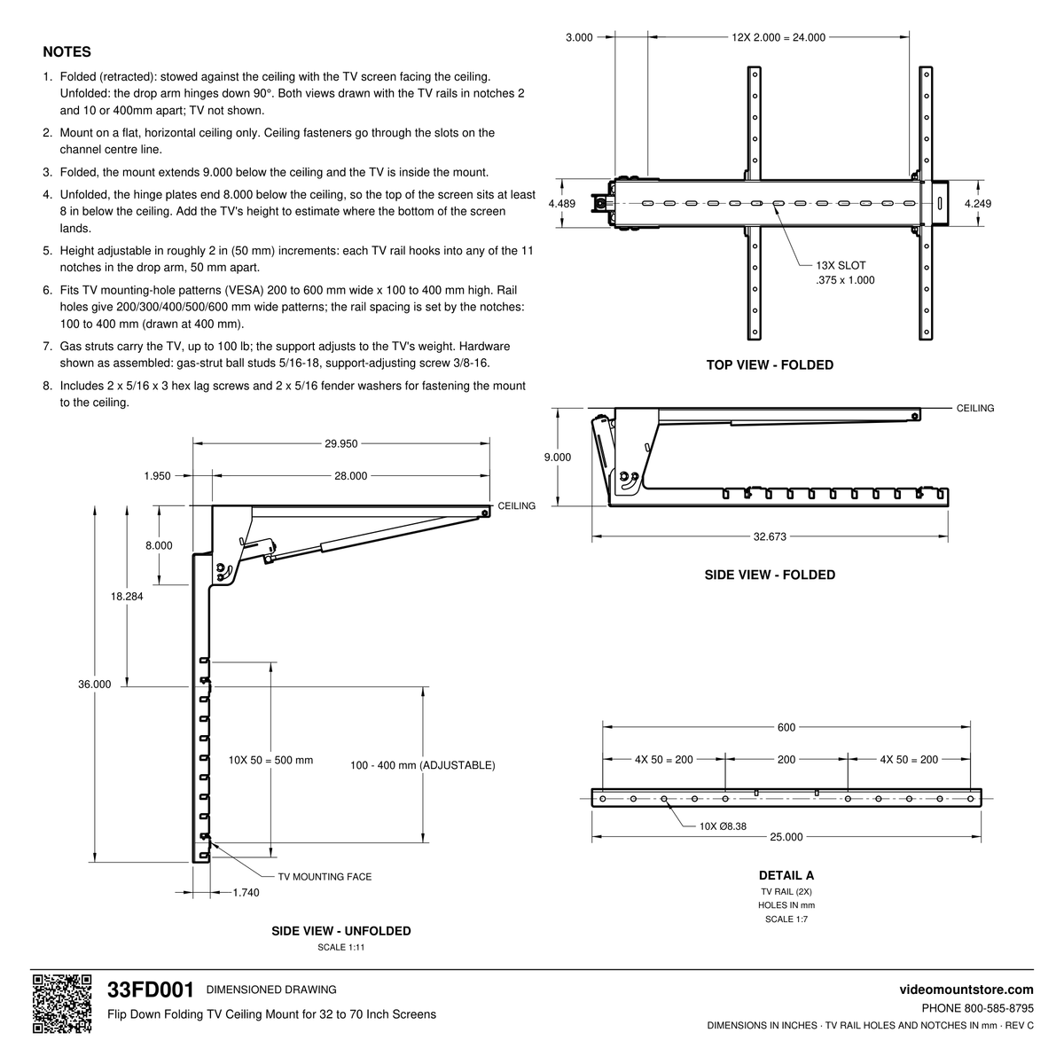 33FD001 folding TV ceiling mount dimensioned drawing: 9 inches below the ceiling folded, 36 inch drop unfolded, TV rails 100 to 400 mm apart