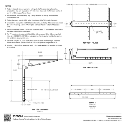 33FD001 folding TV ceiling mount dimensioned drawing: 9 inches below the ceiling folded, 36 inch drop unfolded, TV rails 100 to 400 mm apart