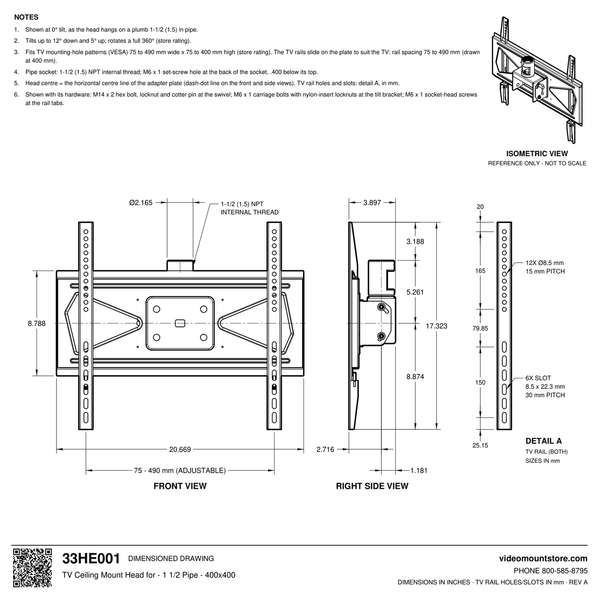 33HE001 TV ceiling mount head dimensioned drawing: 1-1/2 (1.5) inch NPT pipe socket, TV rails adjust 75 to 490 mm, 20.669 inches wide overall
