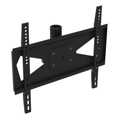 33HE001 TV ceiling mount head, three-quarter view from the left, with the tilt rails, 400 by 400 adapter plate and pipe socket.