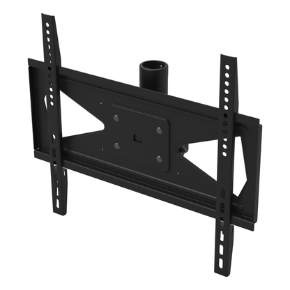 33HE001 TV ceiling mount head for 1-1/2 inch pipe, 400 by 400 VESA, three-quarter view of the tilt rails, adapter plate and pipe socket.