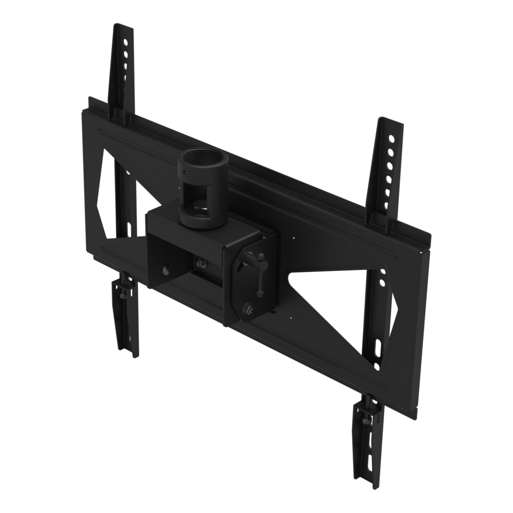 33HE001 ceiling mount head from behind, showing the pipe socket, tilt bracket, pivot bolts and the tilt lock handle.