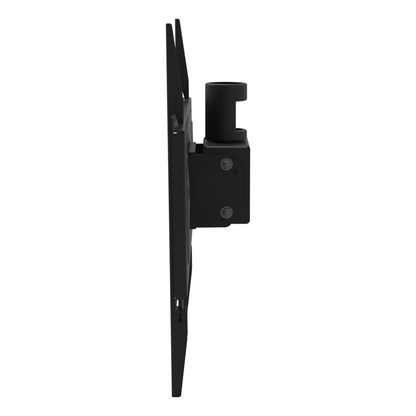 33HE001 ceiling mount head in side profile, showing the pipe socket and tilt bracket standing off the TV rails.